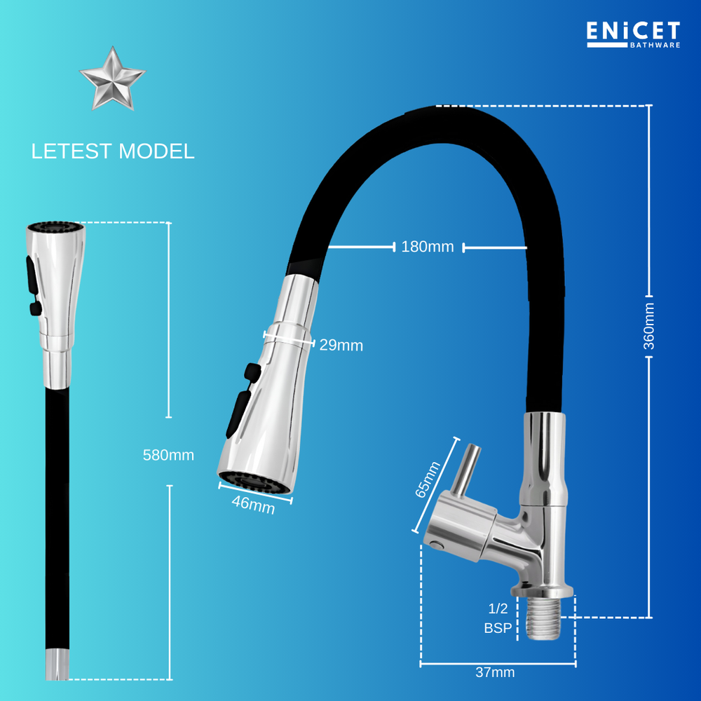 Enicet Flexible Swan Neck Pillar Tap for Kitchen, 3 Flow Function, 360 Swinging Swivel Spout, Brass Build,Chrome Finish, Kitchen Sink Tap, Flexible Neck, Deck Mount - Enicet Bathware