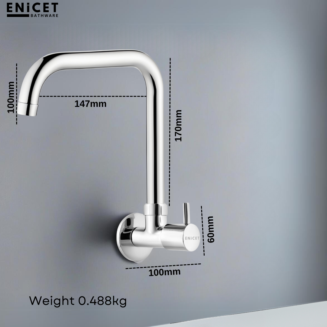 ENICET Sink Cock with Extended Spout, Chrome Finish, Silver, with Wall Flange, 360° Rotating Swivel Spout, Kitchen Sink Tap, Tap for Kitchen Sink, Wall Mount
