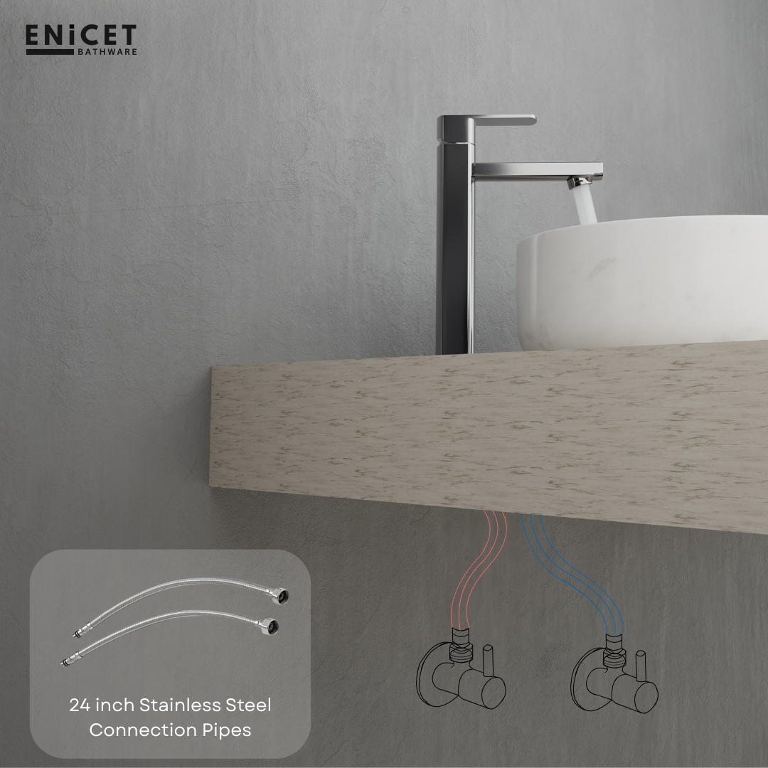 ENICET rust-resistant Single Lever Basin Mixer, 12 Inch Long Body, Chrome Finish, Hot and Cold Water Mixer Tap, 7 Years Warranty, Bathroom Wash Basin Tap