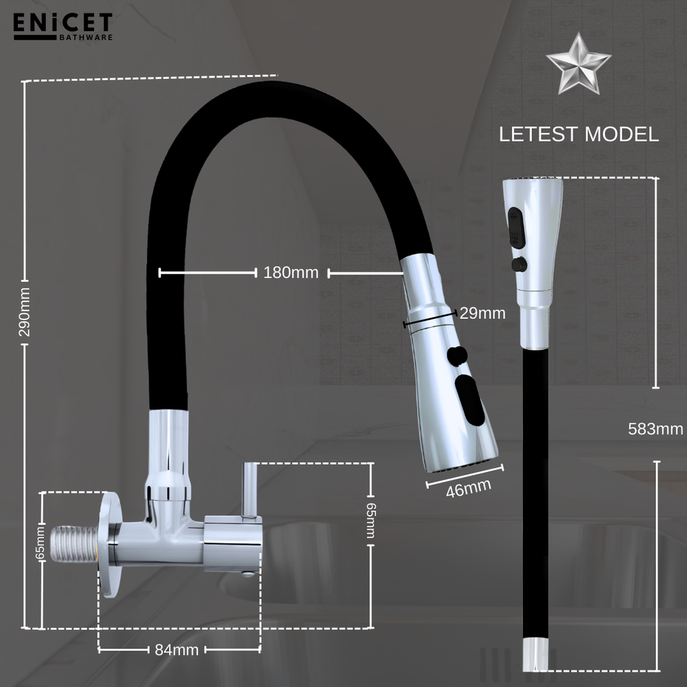 Enicet Flexible Neck Sink Tap for Kitchen, Wall Mount, Chrome Finish, 3 Flow Function, 360 Swinging Swivel Spout, Brass Build, Kitchen Sink Tap - Enicet Bathware