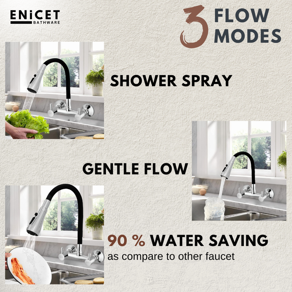 Flexible Kitchen Sink Mixer - ENICET 3-Flow Brass Tap - Enicet Bathware