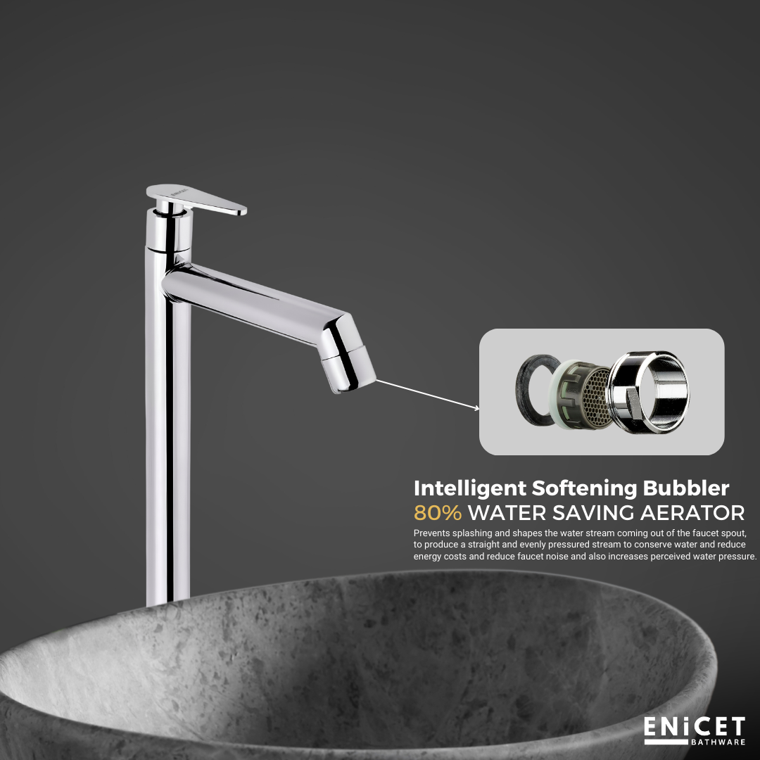 Enicet 12 Inch High Neck Pillar Tap, SS 304, Chrome Finish, 7 Years Warranty, Bathroom Table Top Wash Basin Tap for Home, 12 Inch Tall Extended Body Pillar Cock, Smooth Foam Flow (Brim Set)