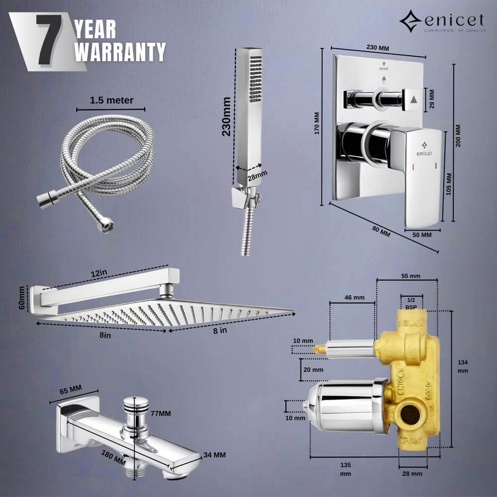 Enicet  rust-resistant High Flow Diverter Set With 8 Inch Shower & Hand Shower, Chrome Finish, Bathroom Shower Set, Shower System, Hot And Cold Water Mixer Tap - Enicet Bathware