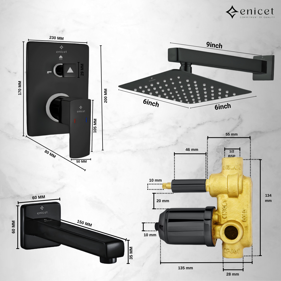 Brass High Flow Diverter Set With Overhead Shower, Chrome Finish, Bathroom Shower Set, Shower System, Hot And Cold Water Mixer Tap (Black Set)
