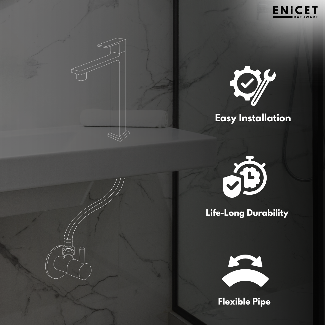 ENICET Brass Single Lever Basin Mixer, Long Body, Chrome Finish, Hot and Cold Water Mixer Tap, 7 Years Warranty, Bathroom Wash Basin Tap, Pillar Cock (Tycoon Black Set)