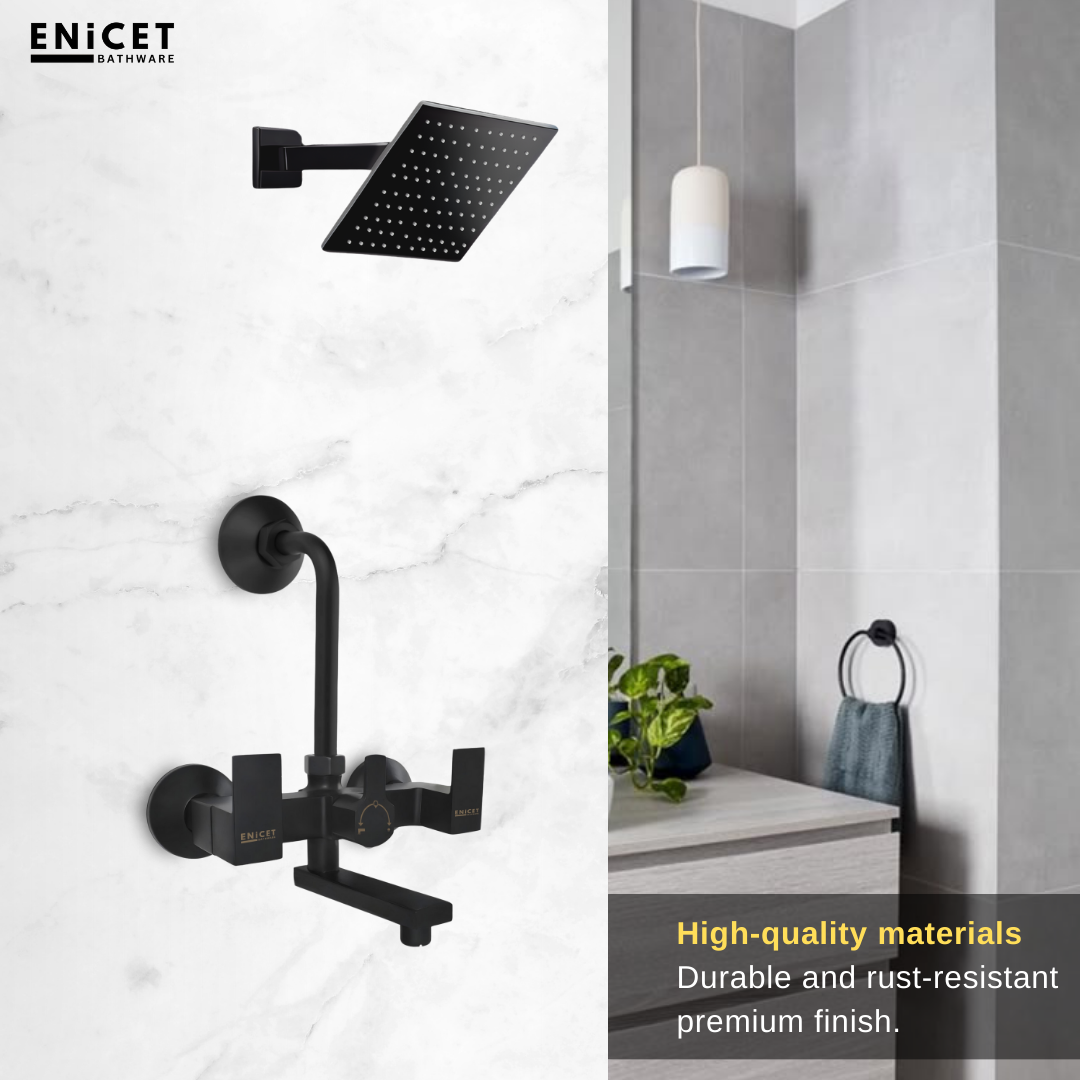 QUBICS Wall Mixer 2 in 1 with Bend | Black Shower Mixer Tap Set for Bathroom | Overhead Shower Use