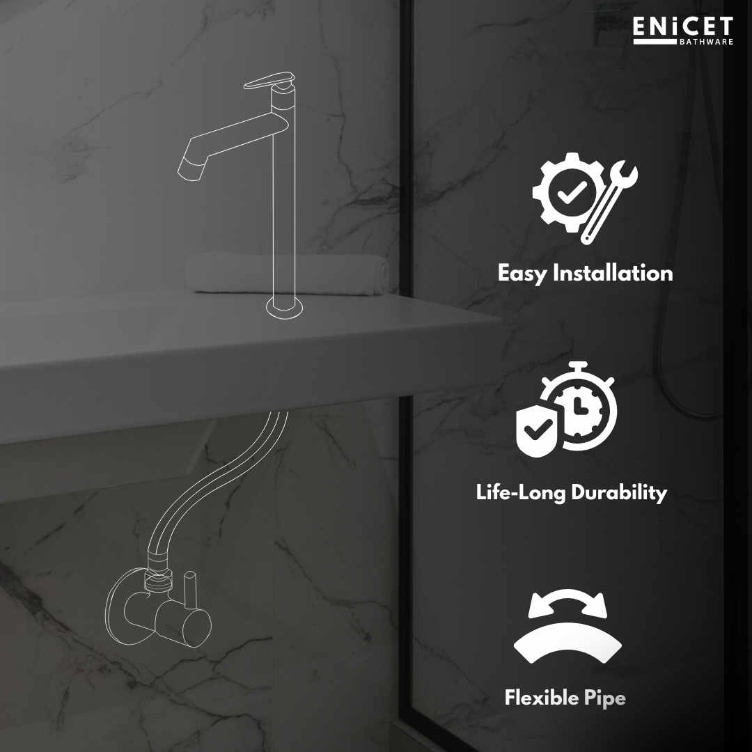 Enicet 12 Inch High Neck Pillar Tap, SS 304, Chrome Finish, 7 Years Warranty, Bathroom Table Top Wash Basin Tap for Home, 12 Inch Tall Extended Body Pillar Cock, Smooth Foam Flow (Brim Set)