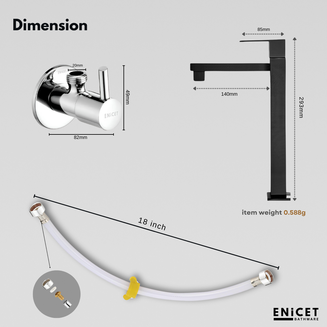 ENICET Brass Single Lever Basin Mixer, Long Body, Chrome Finish, Hot and Cold Water Mixer Tap, 7 Years Warranty, Bathroom Wash Basin Tap, Pillar Cock (Tycoon Black Set)