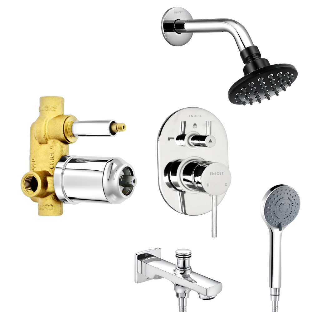 Enicet rust-resistant High Flow Diverter Full Set, With Spout, Overhead Shower & Hand Shower, Chrome Plated, Rain FLow Shower, 3 Flow Hand Shower, Bathroom Shower System, Bathroom Mixer Tap - Enicet Bathware