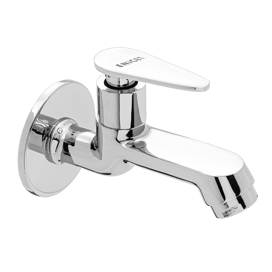 Enicet rust-resistant Bib Cock Short Body, Bathroom Tap, with Wall Flange, Chrome Finish, Smooth Operating Handle, Long Lasting Warranty, Durable Water Tap for Bathroom, Brim Collection