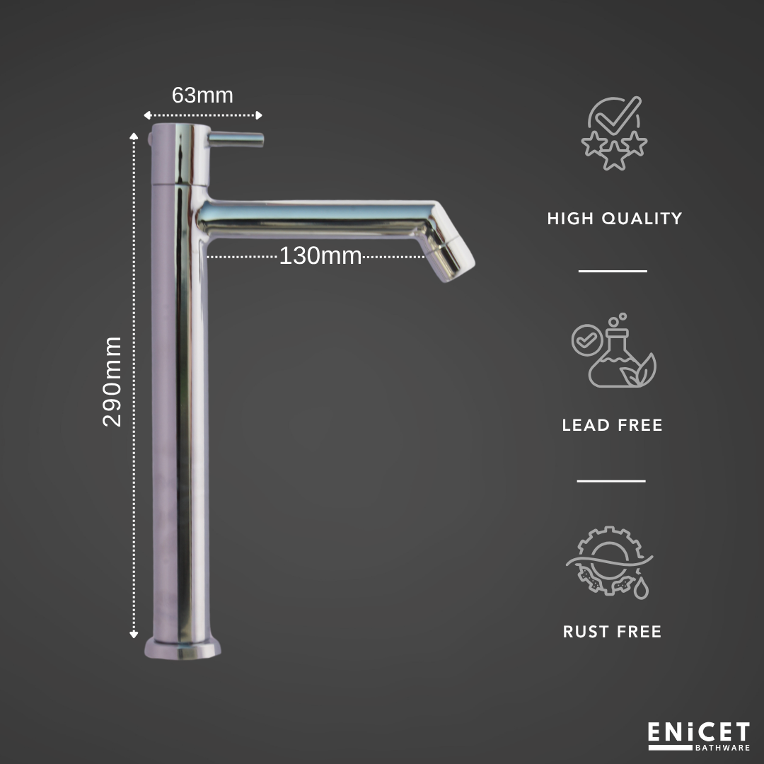 ENICET  Pillar Cock for Bathroom, 12 Inch Tall Extended Body, Chrome Finish, Table Top Wash Basin Water Tap for Bathroom, Kitchen Sink Tap
