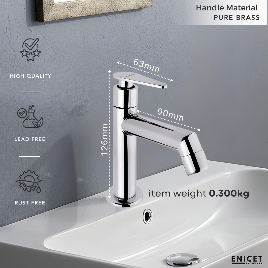 ENICET Pillar Cock for Bathroom Basin, Stainless Steel-304, 7 Years Warranty, Chrome Finish, Bathroom Table Top Wash Basin Tap, Deck Mount Pillar Tap