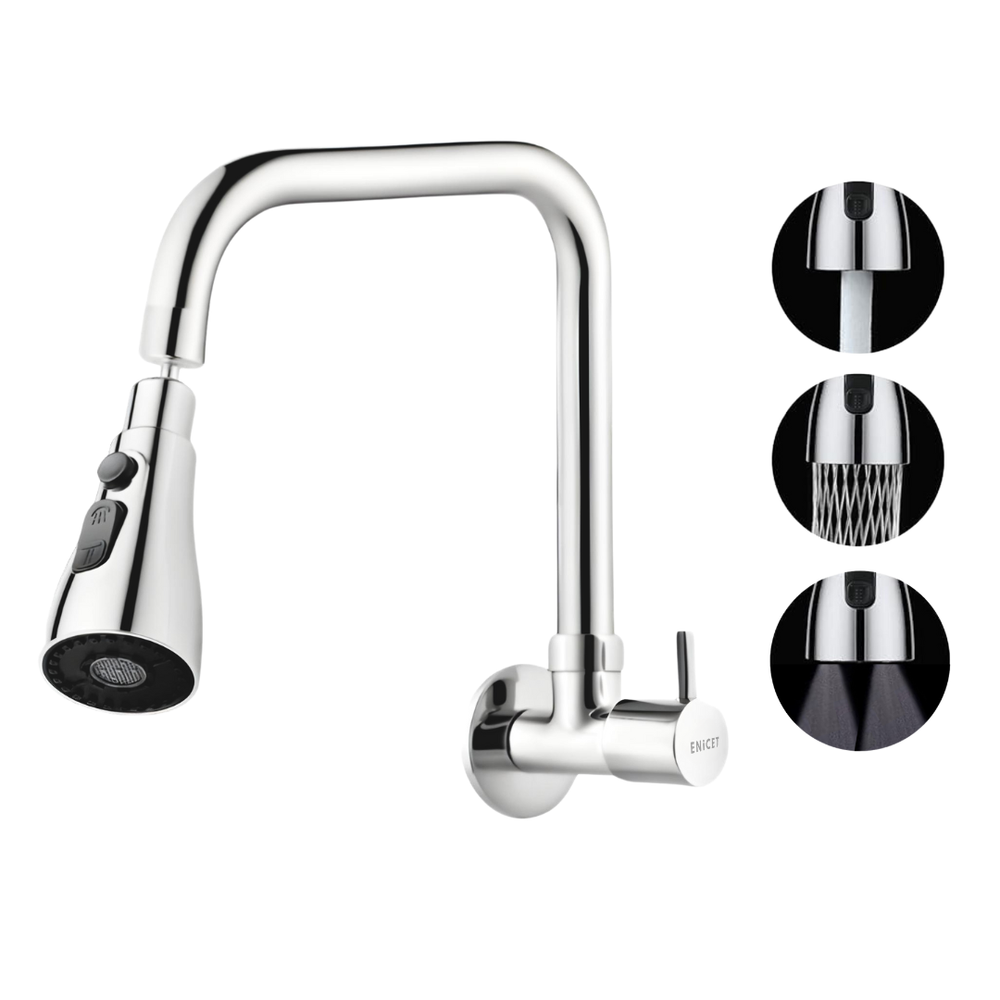 ENICET Kitchen Sink Tap With Triple Flow Function, 360 Rotating Swivel Spout, Brass Build, Chrome Finish, With Wall Flange, Sink Tap for Kitchen - Enicet Bathware