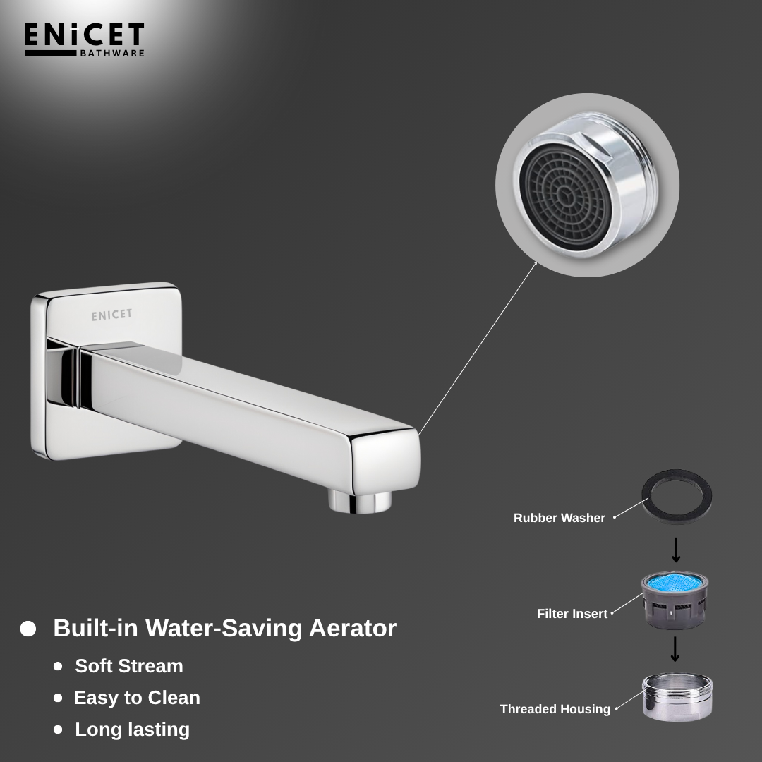 ENICET Stainless Steel Spout with Wall Flange, Bath Tub Spout for Bathroom, Diverter Tap for Bathroom, Chrome Finish, Silver, Foam Flow, SS-304