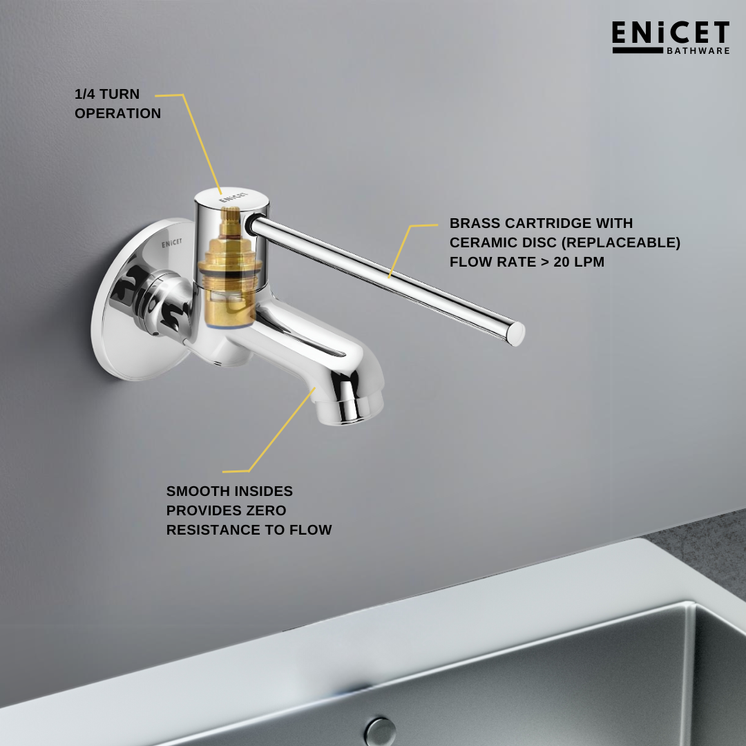 Enicet Bib Cock, Brass Build, Chrome Finish, Long Handle, Elbow/Wrist Operated, Sink Tap, Tap for Wash Basin