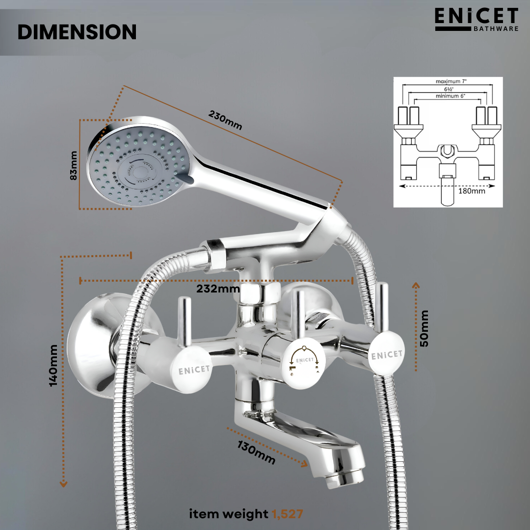 Enicet Brass Wall Mixer With Hand Shower, Chrome Finish, 5 Function Hand Shower with Crutch, 1.5 Meter Tube, Wall Mixer with Telephonic Shower, Bathroom Shower Set