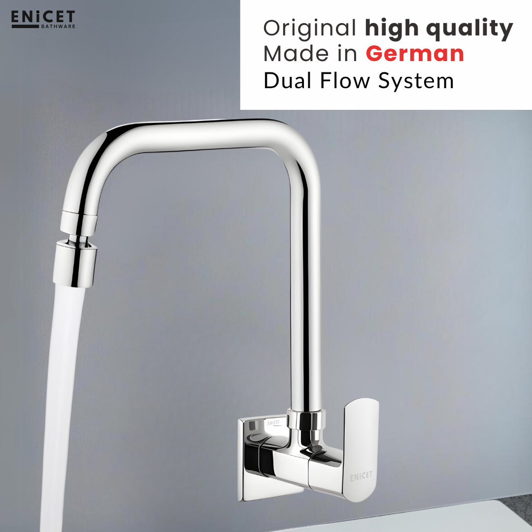 ENICET Sink Cock with Dual Flow Function, Chrome Finish, Silver, with Wall Flange, 360° Swivel Spout, Adjustable Angle Head, Kitchen Sink Tap, Tap for Kitchen Sink, 2 Flow