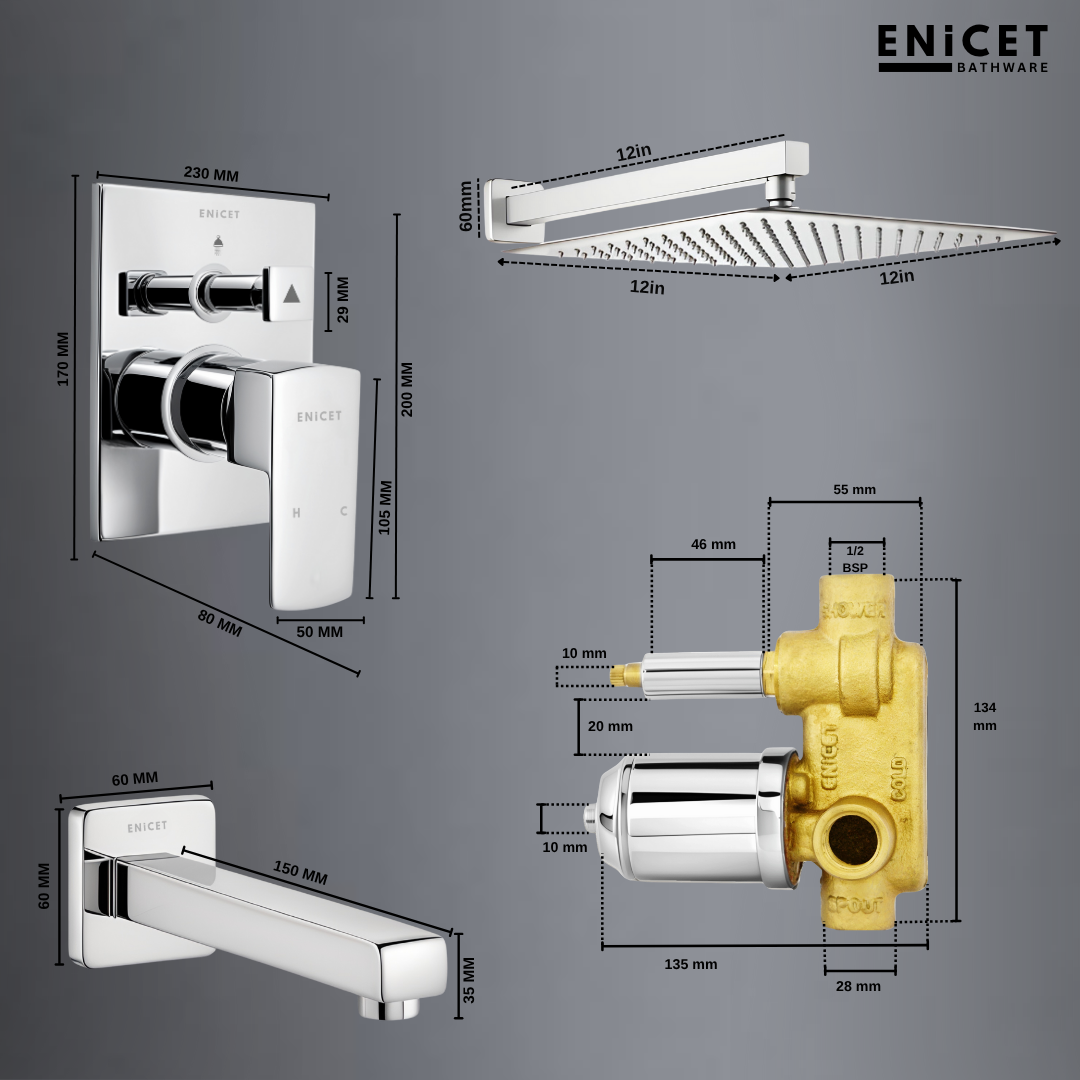 Enicet rust-resistant High Flow Diverter Set With 12 Inch Overhead Shower, Chrome Finish, Bathroom Shower Set, Shower System, Hot And Cold Water Mixer Tap