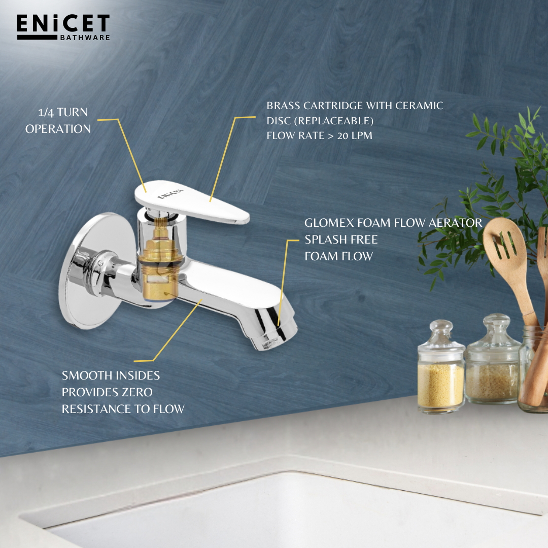Enicet rust-resistant Bib Cock Short Body, Bathroom Tap, with Wall Flange, Chrome Finish, Smooth Operating Handle, Long Lasting Warranty, Durable Water Tap for Bathroom, Brim Collection