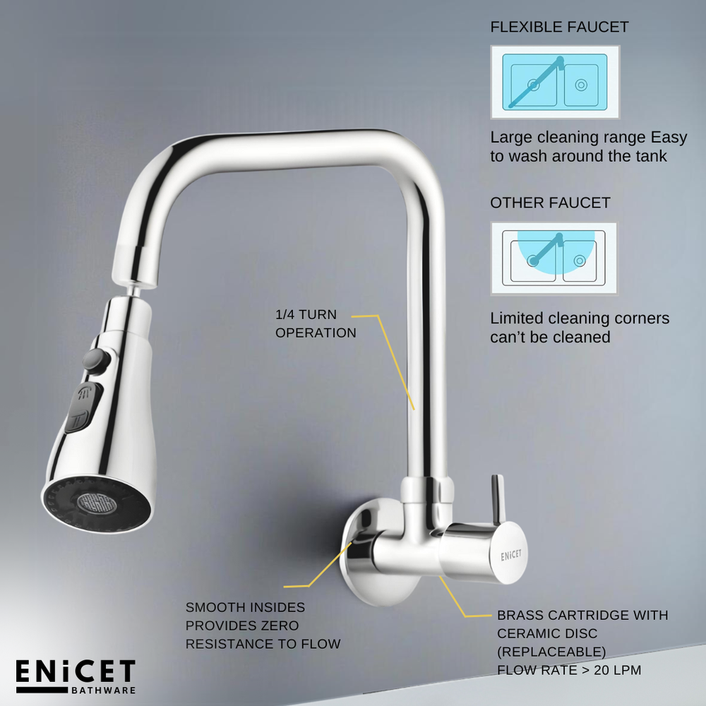 ENICET Kitchen Sink Tap With Triple Flow Function, 360 Rotating Swivel Spout, Brass Build, Chrome Finish, With Wall Flange, Sink Tap for Kitchen - Enicet Bathware