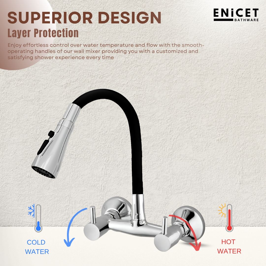 ENICET Sink Mixer Tap for Kitchen, 3 Flow Modes, 360 Rotating Flexible Spout, Brass Build, Kitchen Mixer tap, Wall Mounted, Chrome Finish, Sink Cocke Tap