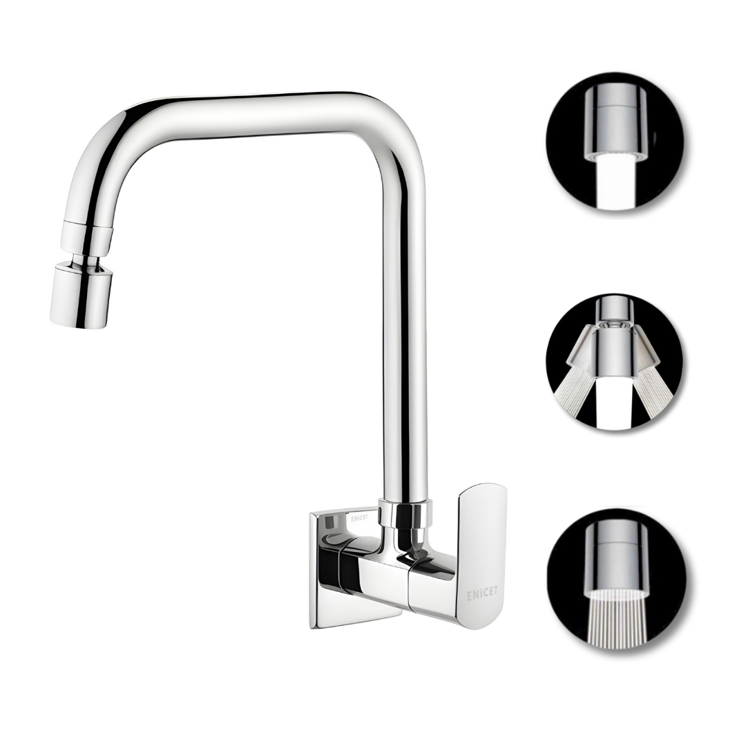 ENICET Sink Cock with Dual Flow Function, Chrome Finish, Silver, with Wall Flange, 360° Swivel Spout, Adjustable Angle Head, Kitchen Sink Tap, Tap for Kitchen Sink, 2 Flow