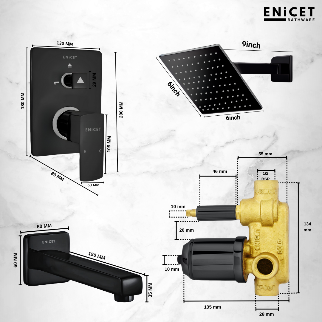 Brass High Flow Diverter Set With Overhead Shower, Chrome Finish, Bathroom Shower Set, Shower System, Hot And Cold Water Mixer Tap (Black Set)