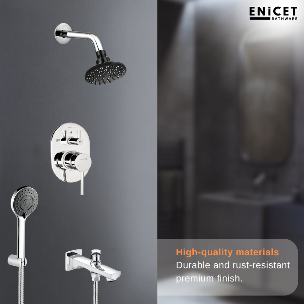 Enicet rust-resistant High Flow Diverter Full Set, With Spout, Overhead Shower & Hand Shower, Chrome Plated, Rain FLow Shower, 3 Flow Hand Shower, Bathroom Shower System, Bathroom Mixer Tap - Enicet Bathware