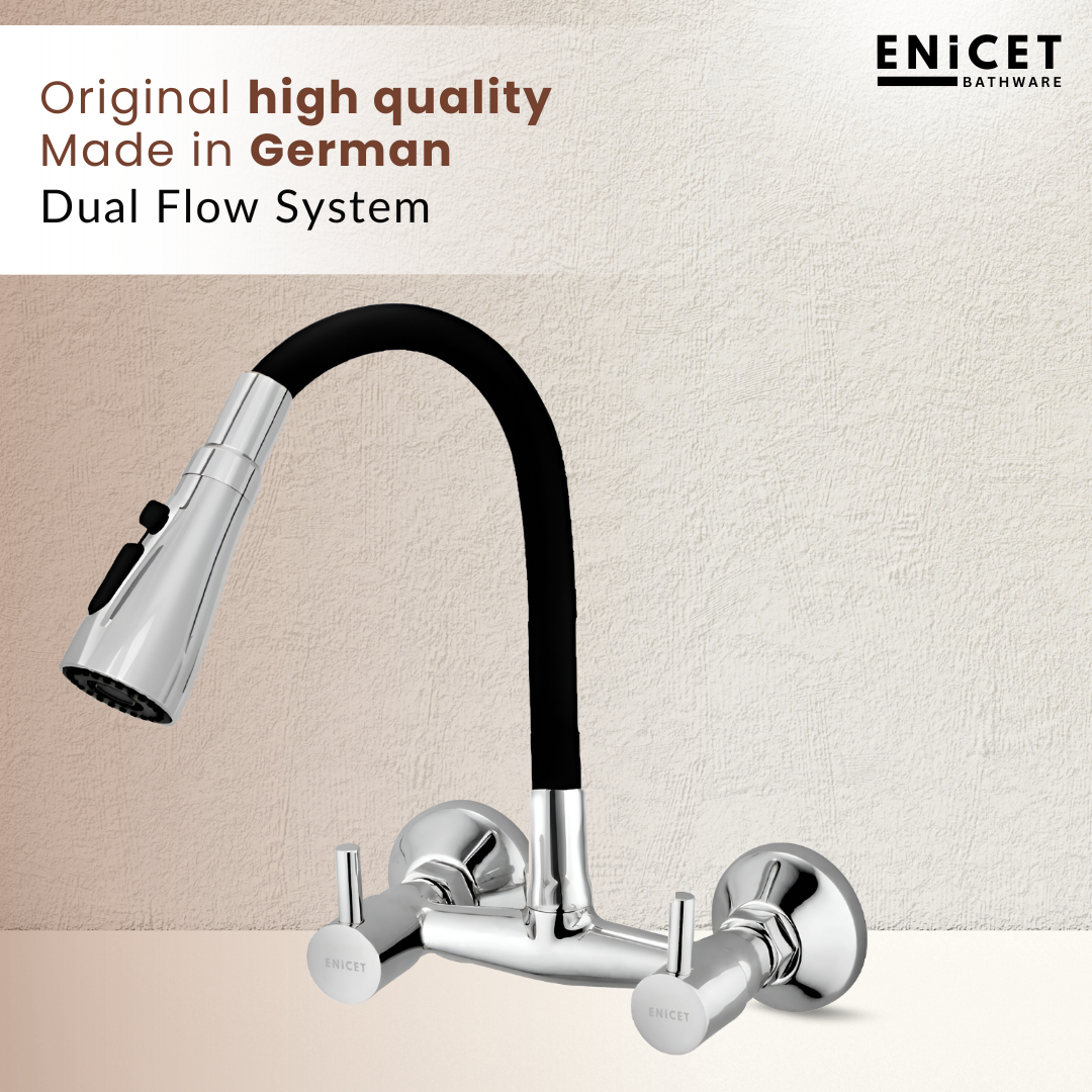 ENICET Sink Mixer Tap for Kitchen, 3 Flow Modes, 360 Rotating Flexible Spout, Brass Build, Kitchen Mixer tap, Wall Mounted, Chrome Finish, Sink Cocke Tap