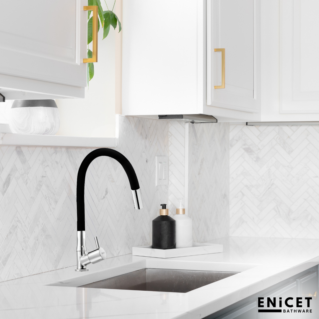 ENICET Swan Neck Sink Tap with Flexible Spout, 360 Rotating Swivel Swinging Spout, rust-resistant, Deck Mount, Pillar Cock, Kitchen Sink Tap, Tap for Kitchen Sink, Wash Basin Tap
