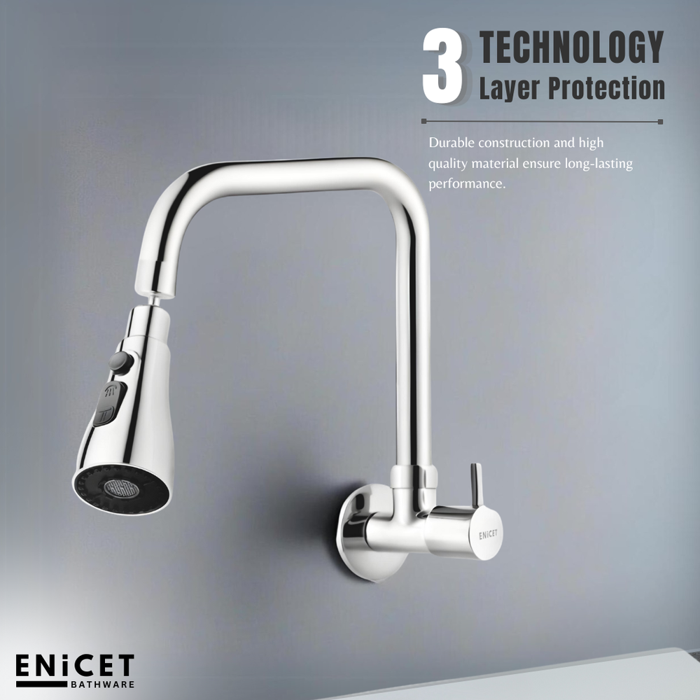 ENICET Kitchen Sink Tap With Triple Flow Function, 360 Rotating Swivel Spout, Brass Build, Chrome Finish, With Wall Flange, Sink Tap for Kitchen - Enicet Bathware
