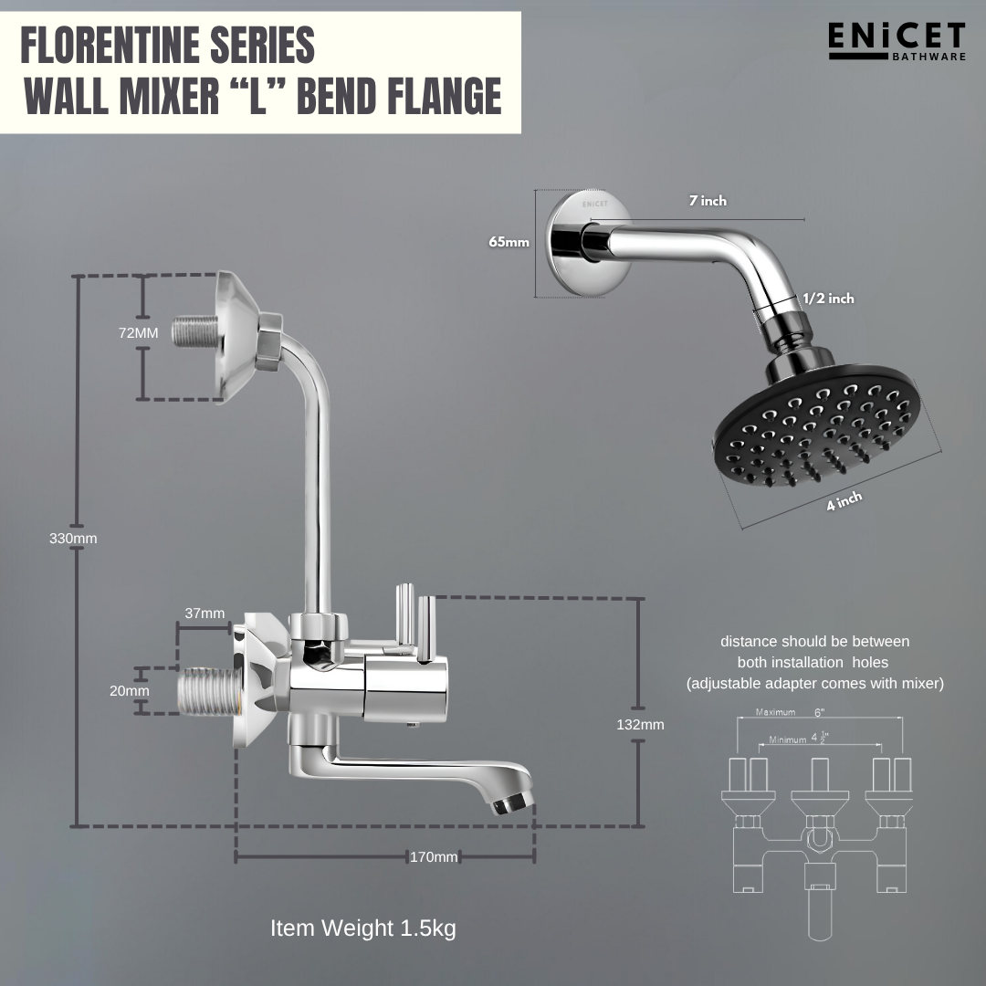 ENICET Brass Wall Mixer With Overhead Shower, 190mm Long Bend Pipe, Chrome Finish, Shower Set, Wall Mixer for Bathroom, Water Mixer Tap for Bathroom Full Set