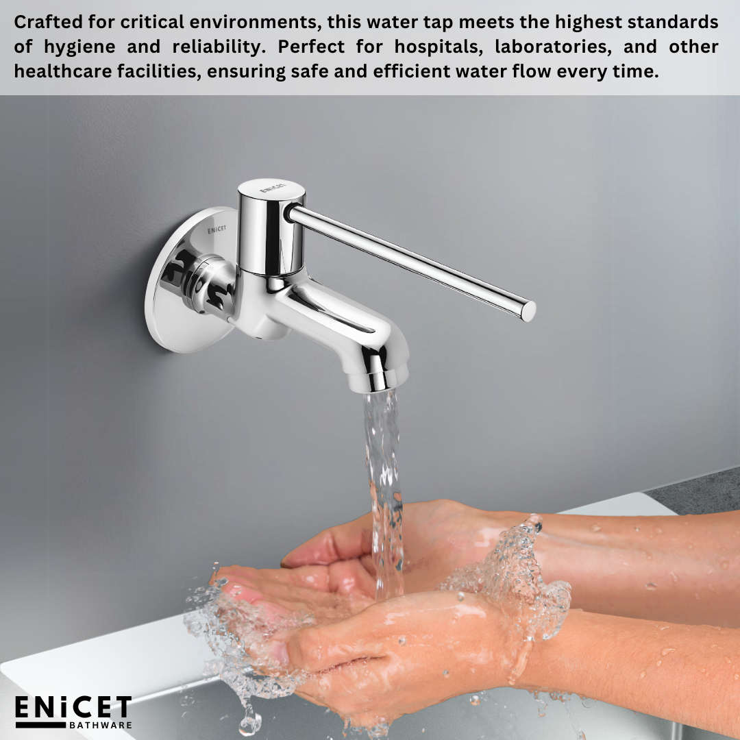 Enicet Bib Cock, Brass Build, Chrome Finish, Long Handle, Elbow/Wrist Operated, Sink Tap, Tap for Wash Basin
