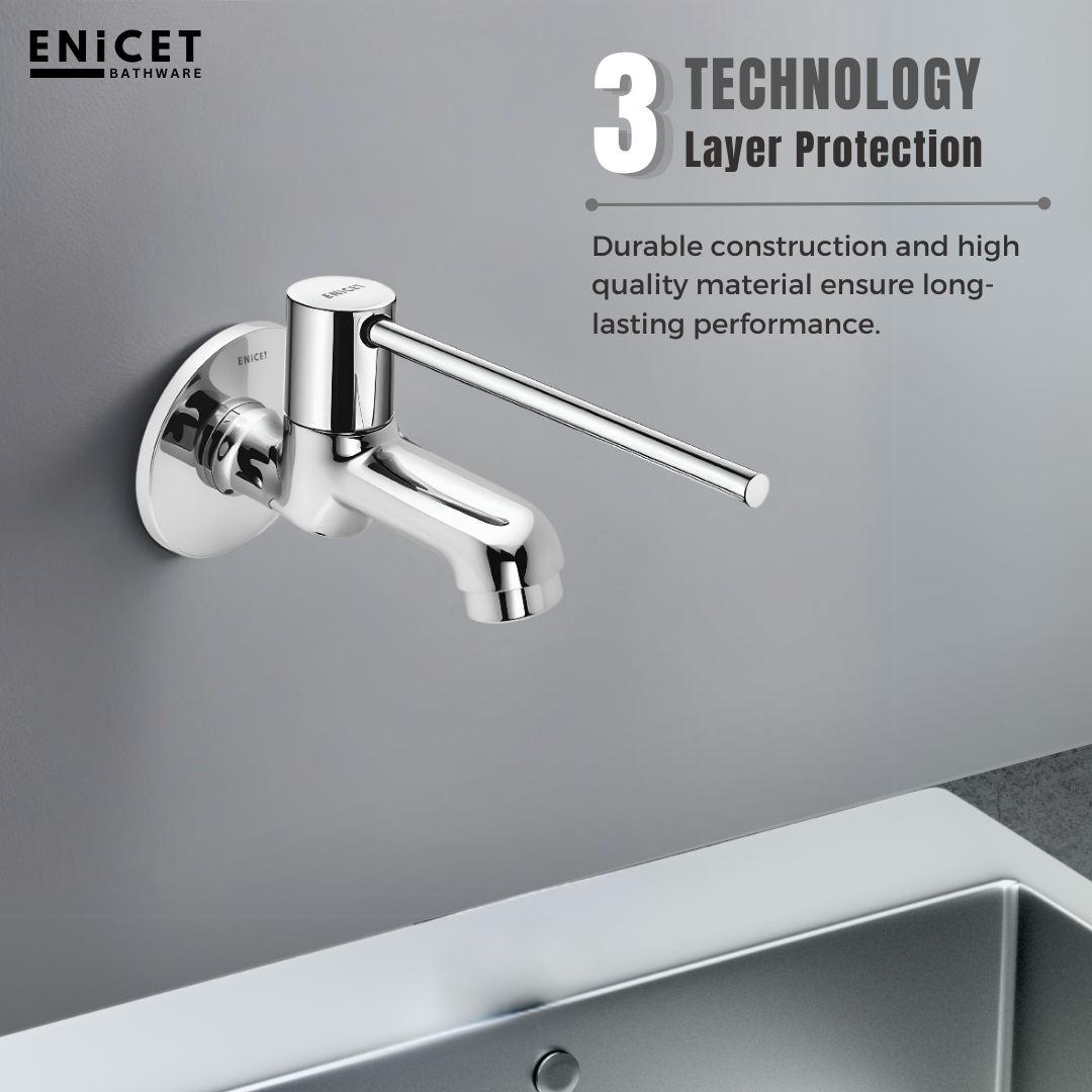 Enicet Bib Cock, Brass Build, Chrome Finish, Long Handle, Elbow/Wrist Operated, Sink Tap, Tap for Wash Basin
