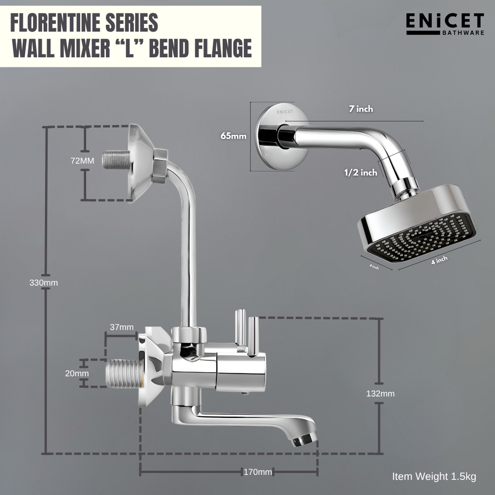 Brass Wall Mixer with Shower - ENICET 2-in-1 Chrome Set - Enicet Bathware