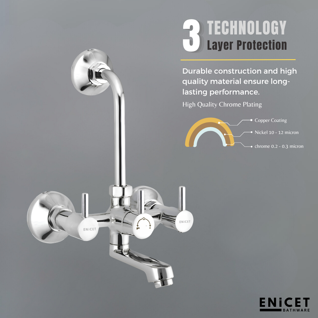 ENICET Brass Wall Mixer with 190mm Long Bend Pipe, Chrome Finish, Provision for Overhead Shower, Wall Mixer for Bathroom, Water Mixer Tap for Bathroom Full Set