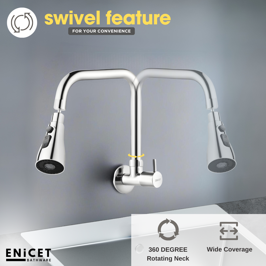 ENICET Kitchen Sink Tap With Triple Flow Function, 360 Rotating Swivel Spout, Brass Build, Chrome Finish, With Wall Flange, Sink Tap for Kitchen