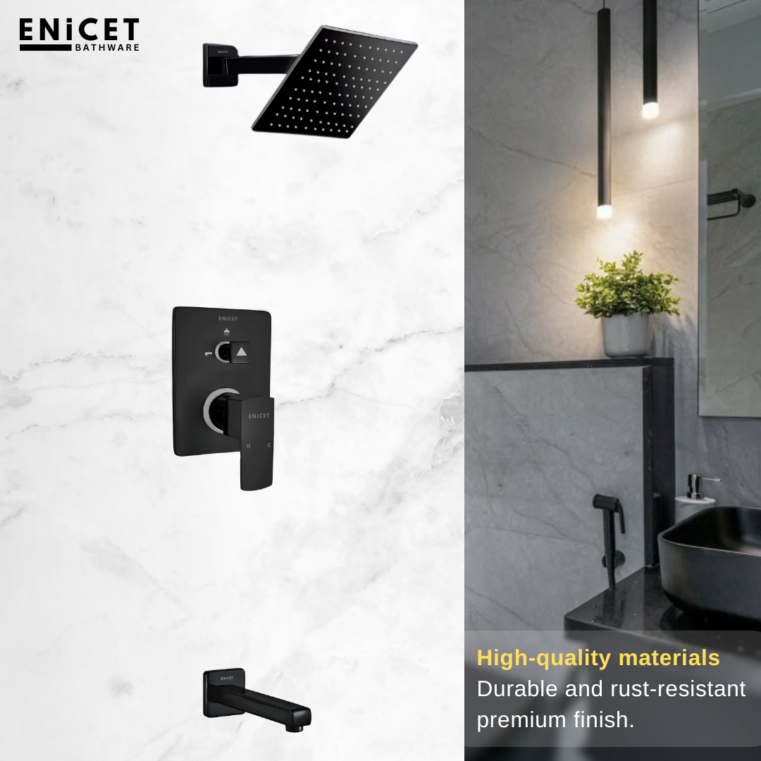 Brass High Flow Diverter Set With Overhead Shower, Chrome Finish, Bathroom Shower Set, Shower System, Hot And Cold Water Mixer Tap (Black Set)