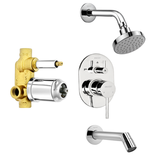 Enicet Brass High Flow Diverter Set With Spout and Shower, Chrome Finish, Single Lever Diverter Set For Bathroom, Bathroom Shower Set, Shower System, Mixer Tap Set (SILVER ROUND SHOWER)