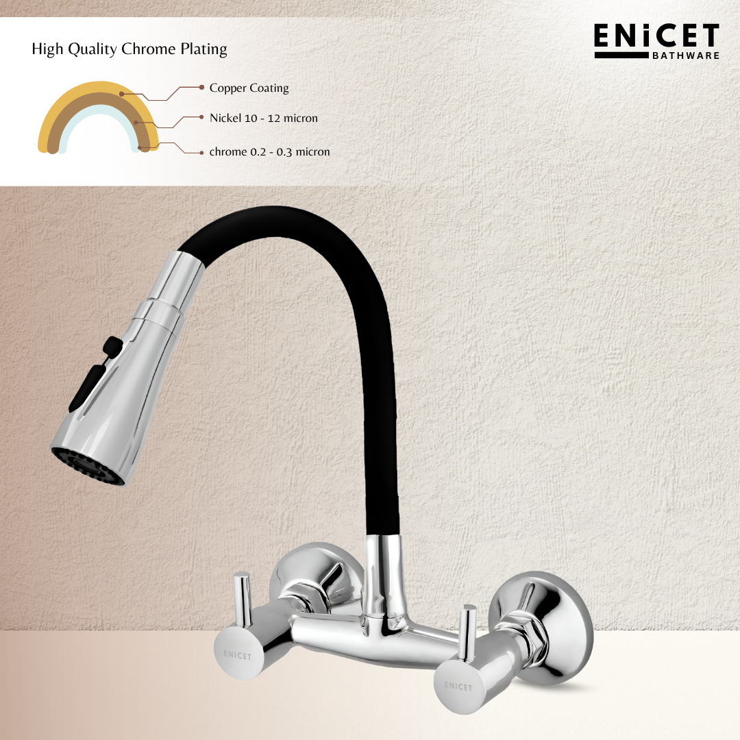 ENICET Sink Mixer Tap for Kitchen, 3 Flow Modes, 360 Rotating Flexible Spout, Brass Build, Kitchen Mixer tap, Wall Mounted, Chrome Finish, Sink Cocke Tap