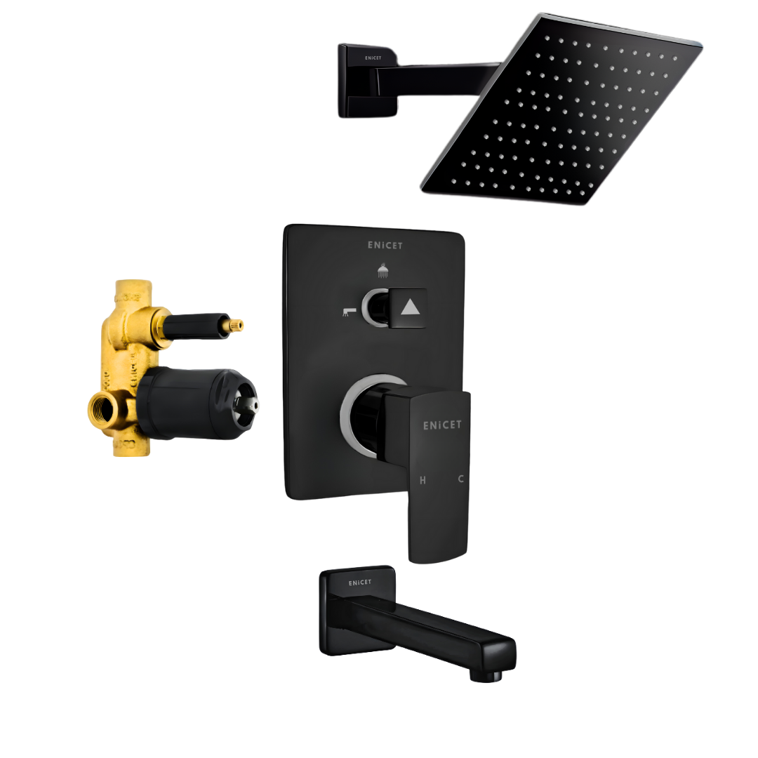 Brass High Flow Diverter Set With Overhead Shower, Chrome Finish, Bathroom Shower Set, Shower System, Hot And Cold Water Mixer Tap (Black Set)