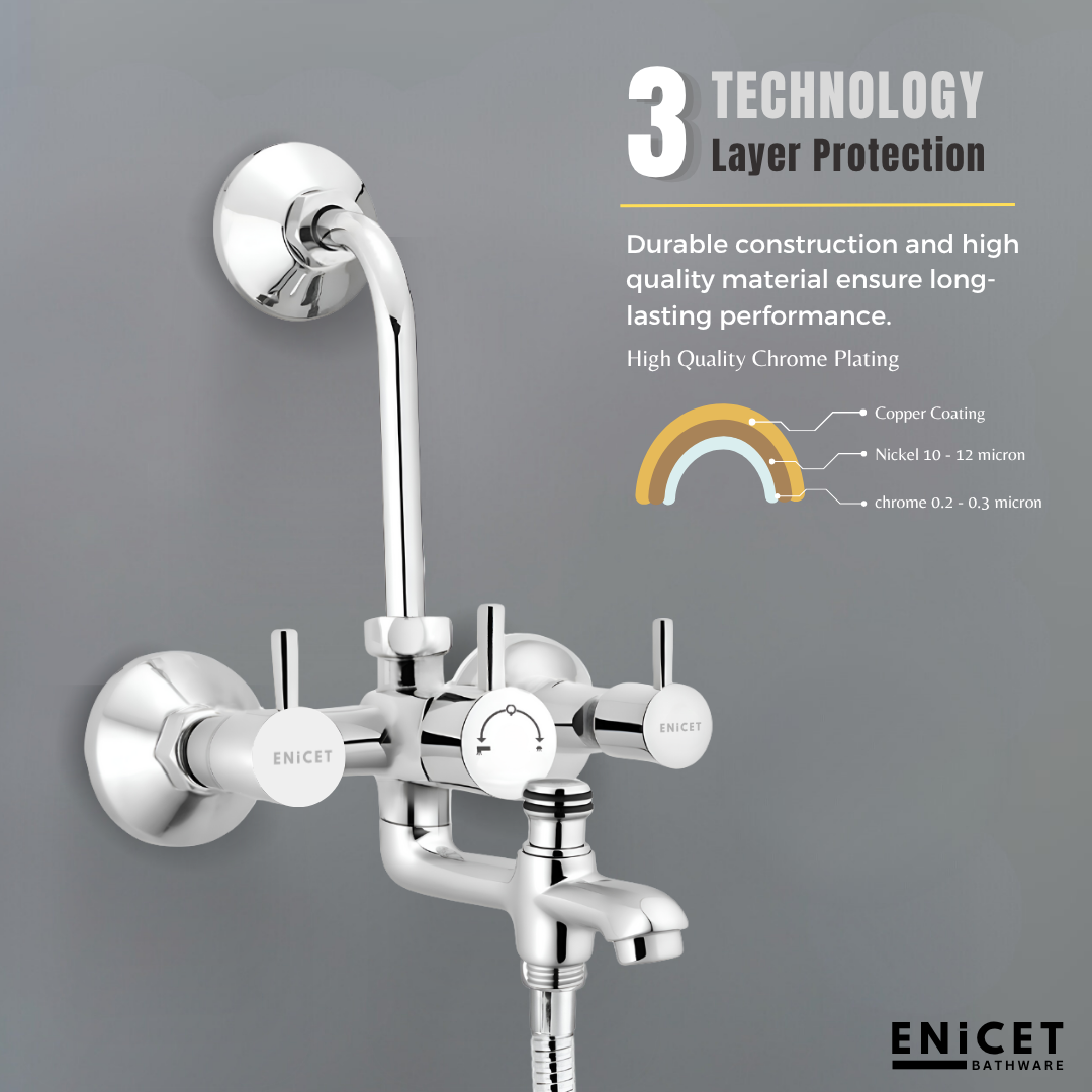 Enicet Brass 3 in 1 Wall Mixer with Overhead Shower and Hand Shower, Chrome Finish, 5 Function Hand Shower, Wall Mixer For Bathroom 3 in 1, Bathroom Shower Set, Mixer Tap for bathroom