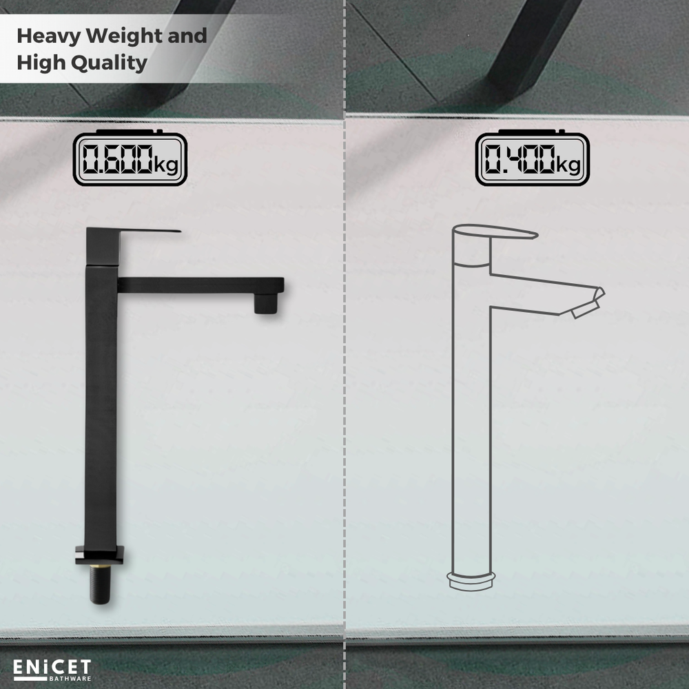 ENICET Black High Neck Pillar Cock, Matte Black Finish, 12 Inch Tall Extended Body, Foam Flow Tap for Kitchen and Bathroom - Enicet Bathware
