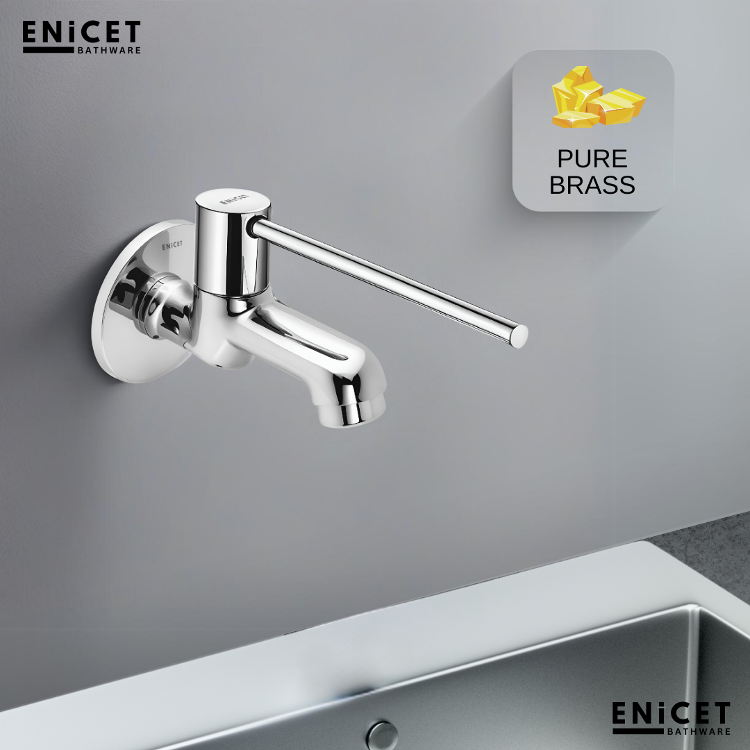 Enicet Bib Cock, Brass Build, Chrome Finish, Long Handle, Elbow/Wrist Operated, Sink Tap, Tap for Wash Basin