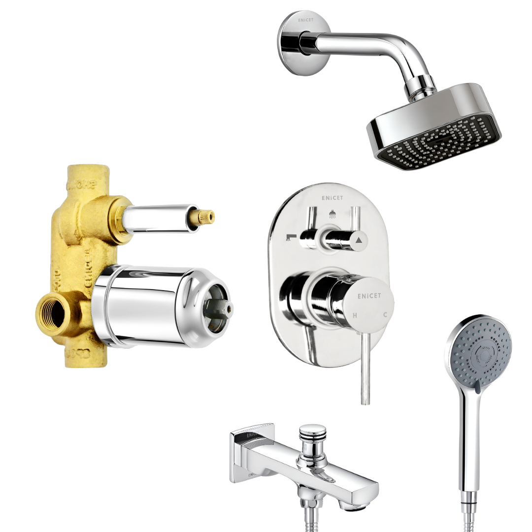 Enicet Brass High Flow Diverter Set With Spout and Shower, Chrome Finish, Single Lever Diverter Set For Bathroom, Bathroom Shower Set, Shower System, Mixer Tap Set (SQUARE SHOWER & HAND SHOWER)
