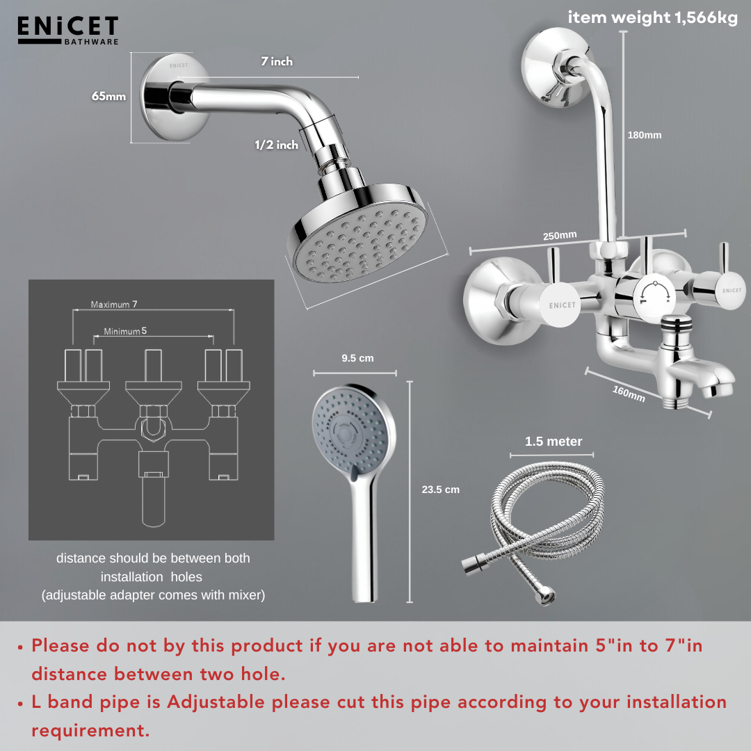 Enicet Brass 3 in 1 Wall Mixer with Overhead Shower and Hand Shower, Chrome Finish, 5 Function Hand Shower, Wall Mixer For Bathroom 3 in 1, Bathroom Shower Set, Mixer Tap for bathroom