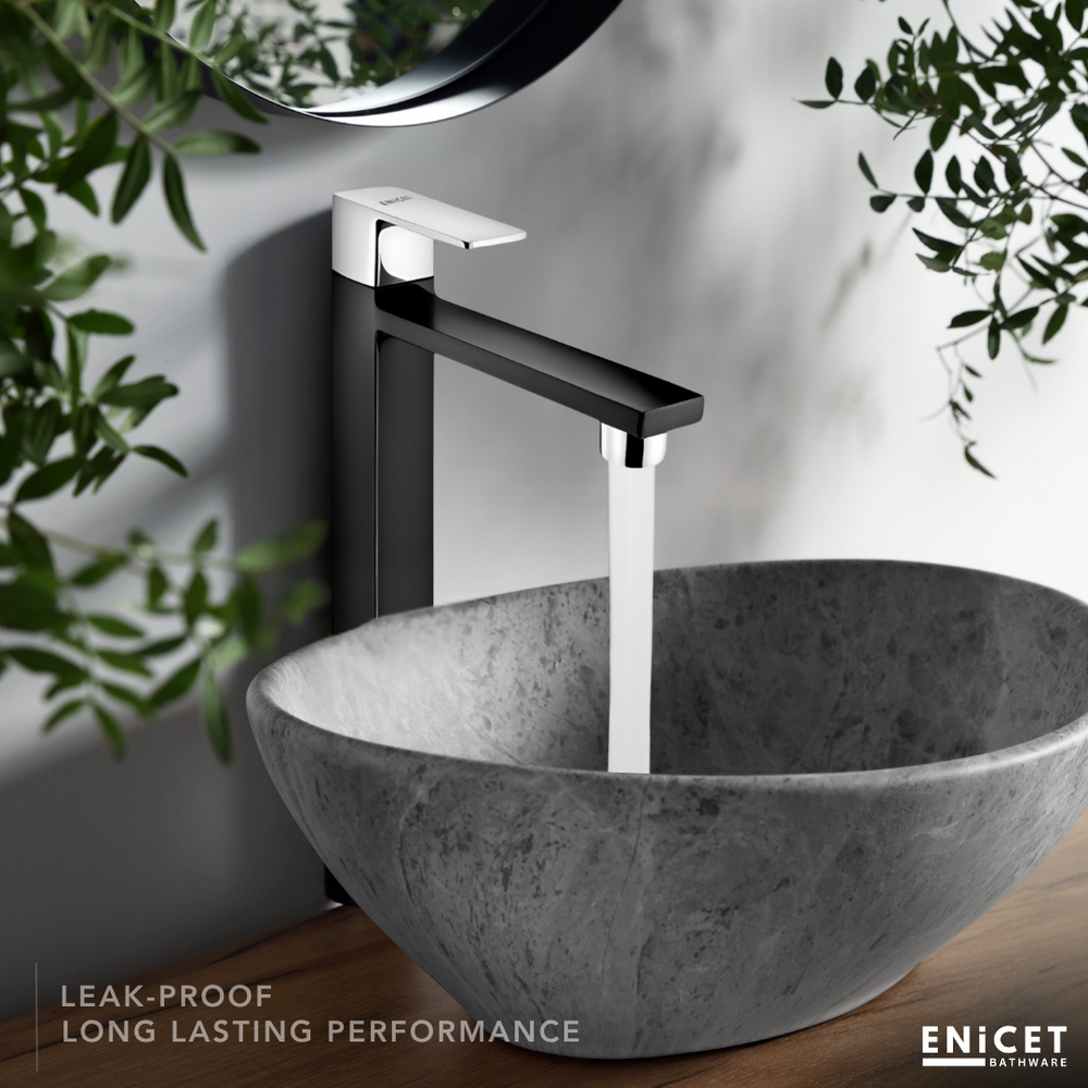 ENICET BLACK High Neck Pillar Cock, Matte Black and silver Body, 12 inch Tall Extended Body, Foam Flow, Wash Basin Pillar Tap, Sink Tap for Kitchen and Bathroom - Enicet Bathware