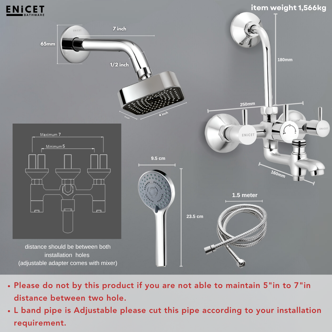 ENICET Brass 3 in 1 Wall Mixer with Overhead Shower and HandShower, Chrome Finish, 5 Function Hand Shower, Wall Mixer For Bathroom 3 in 1, Bathroom Shower Set, Mixer Tap for bathroom