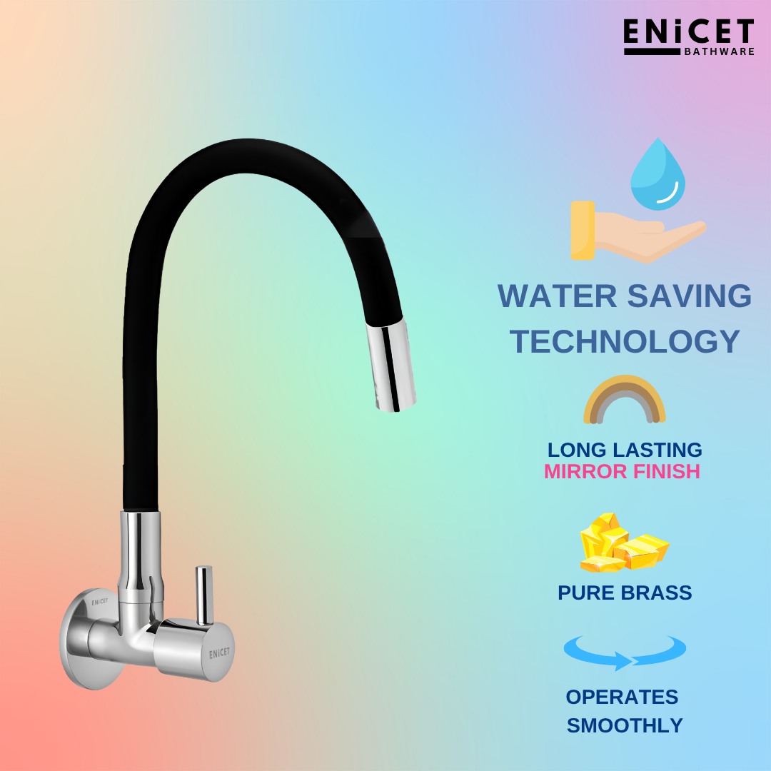ENICET Brass Sink Tap for Kitchen, Flexible Swivel Spout Black, Wall Mount, Chrome Finish (1 Flow Sink Tap)