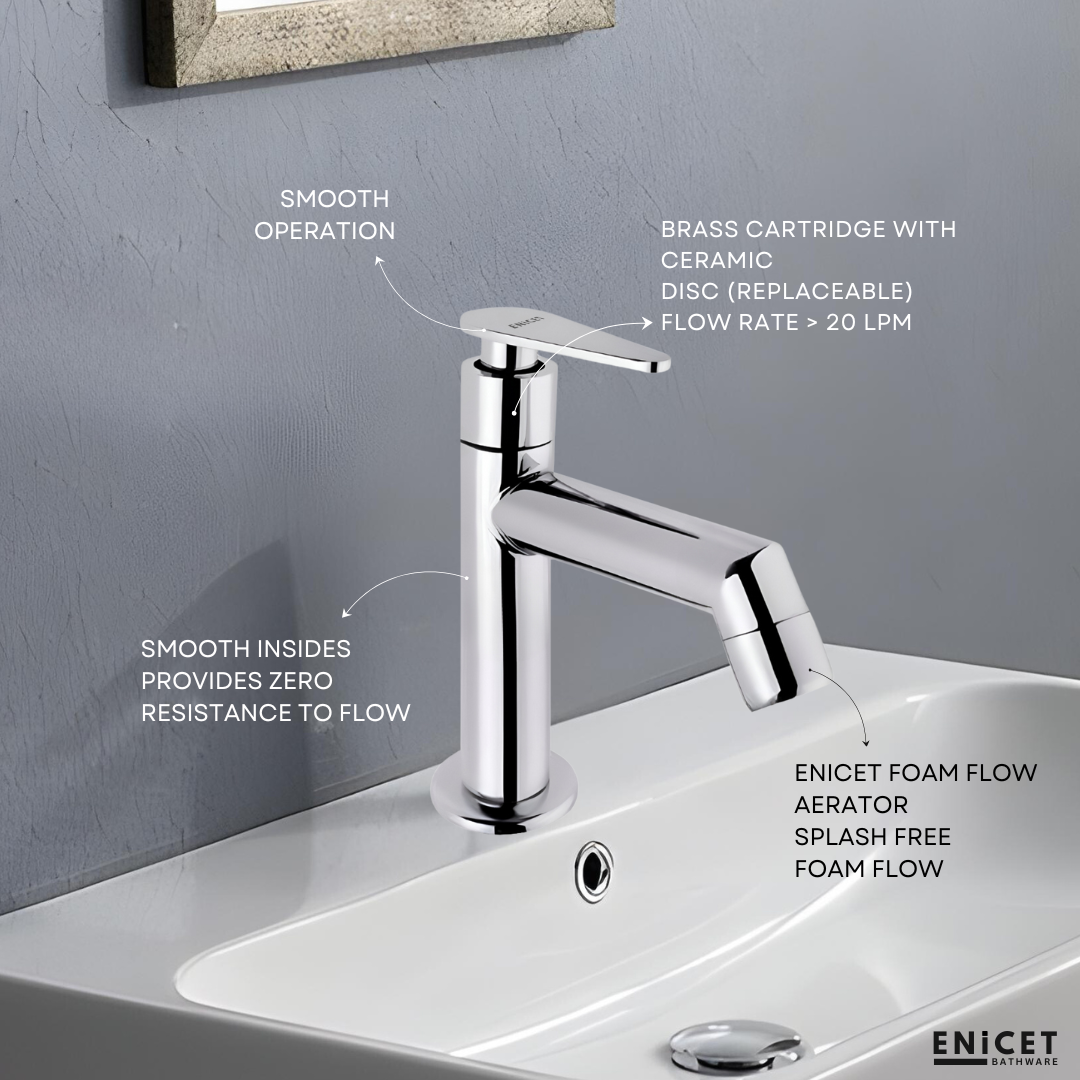 ENICET Pillar Cock for Bathroom Basin, Stainless Steel-304, 7 Years Warranty, Chrome Finish, Bathroom Table Top Wash Basin Tap, Deck Mount Pillar Tap